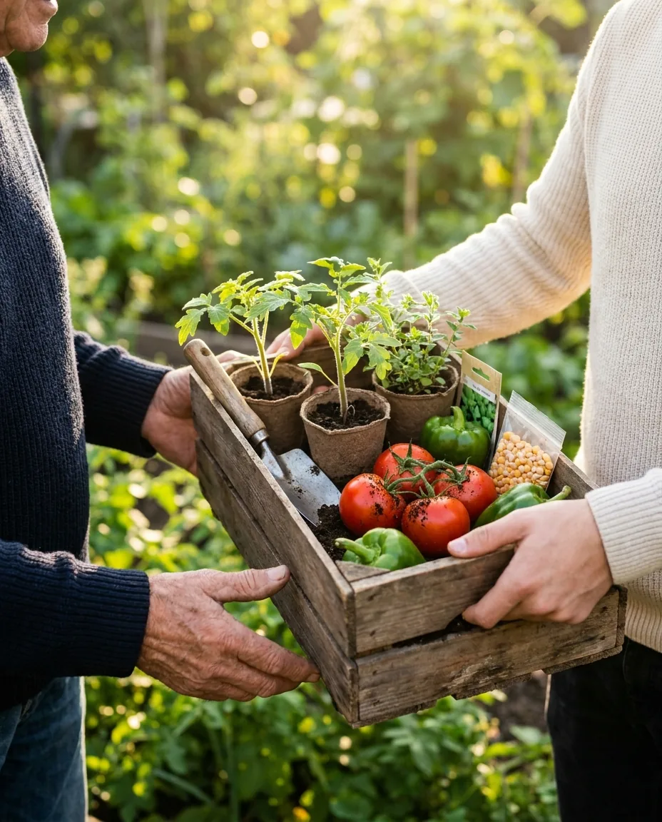 Mãos entregando uma caixa de madeira com mudas, tomates, pimentões e sementes em uma horta