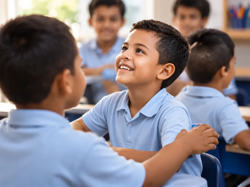 Crianças de uniforme conversando em sala de aula