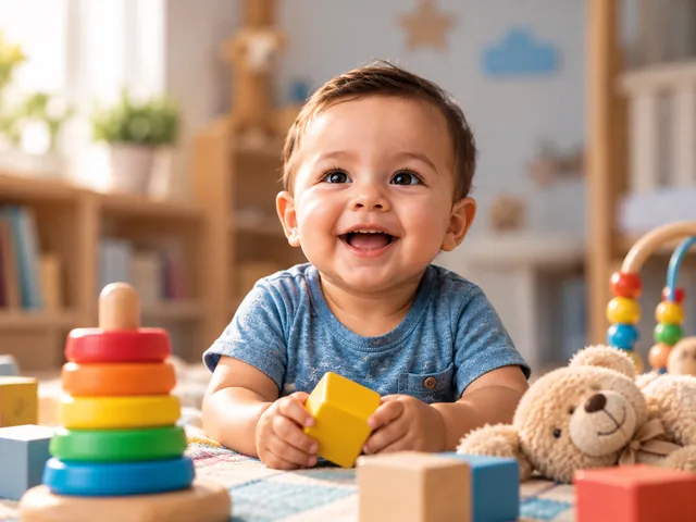Bebê sorridente brincando com brinquedos coloridos