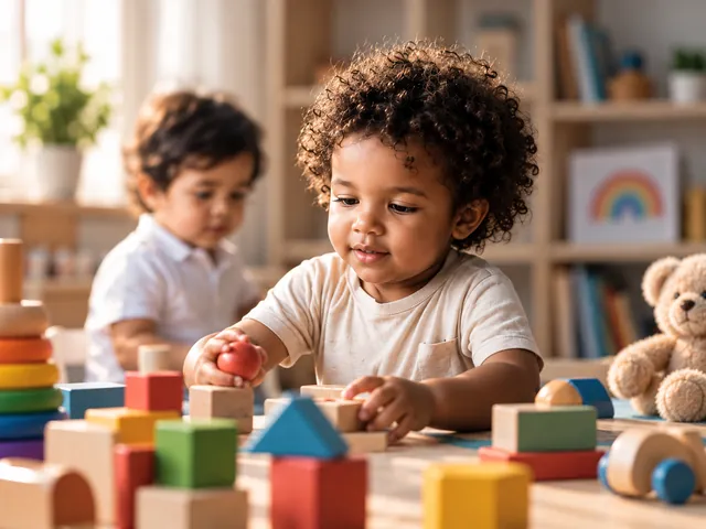 Duas crianças pequenas brincando com blocos de montar