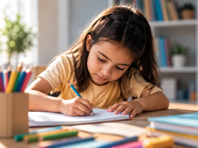 Menina desenhando concentrada em uma mesa com lápis de cor